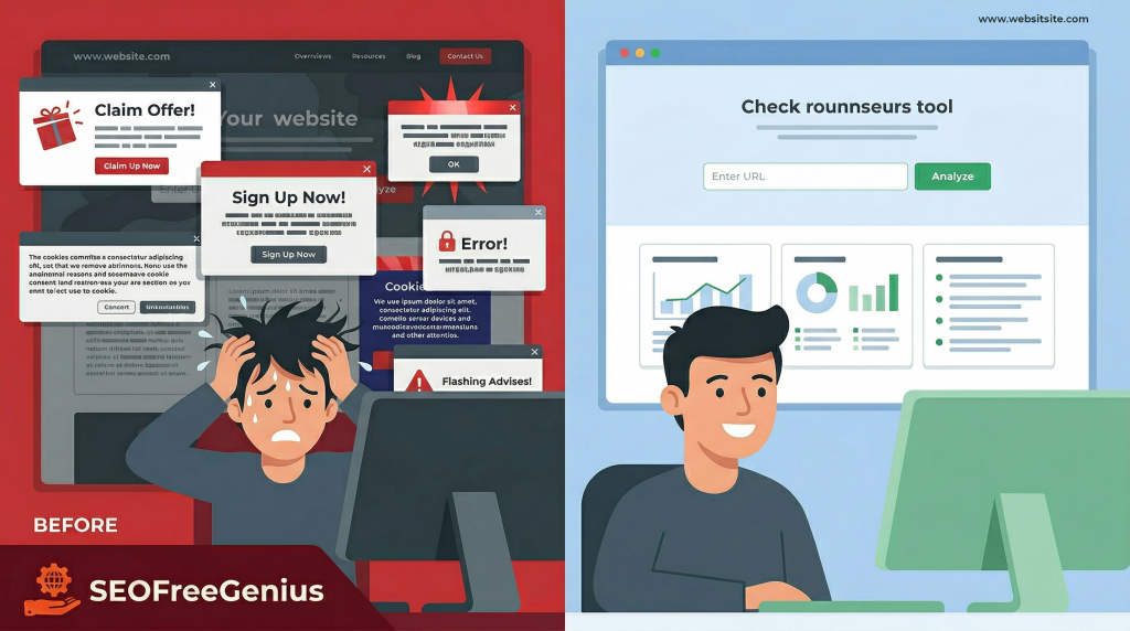 SEOFreeGenius before and after UX illustration showing bad free SEO tools website full of pop‑ups versus clean, user‑friendly SEO tool interface with happy user