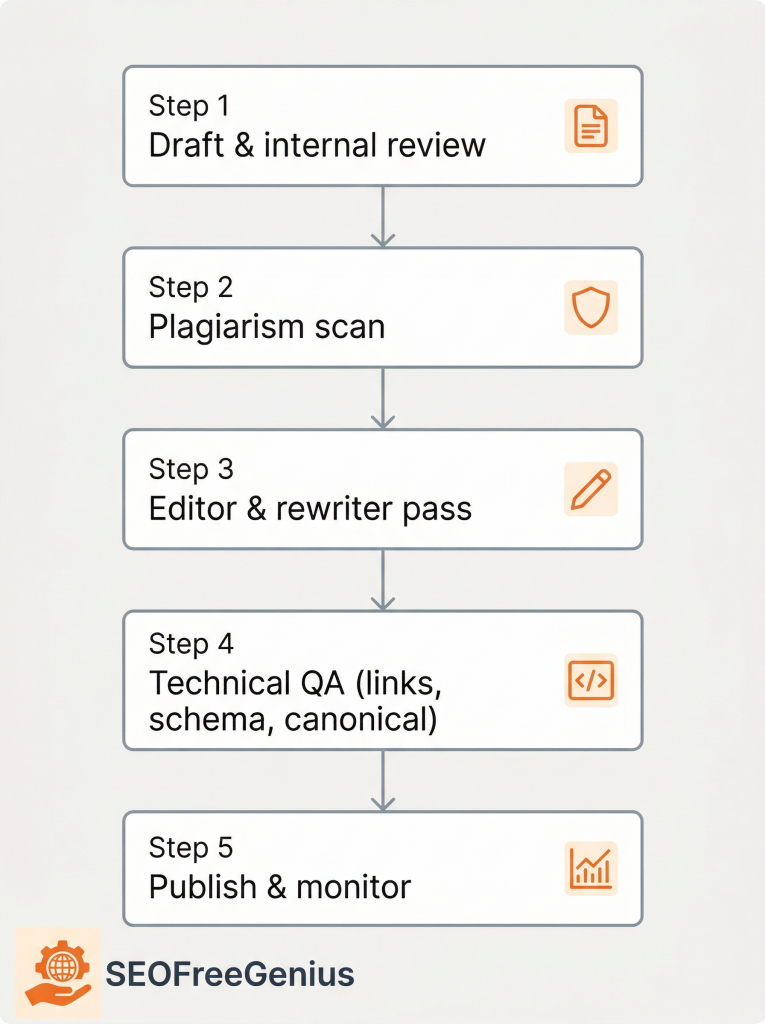 SEOFreeGenius content workflow pipeline diagram showing 5 SEO content steps: draft and internal review, plagiarism scan, editor and rewriter pass, technical QA, publish and monitor