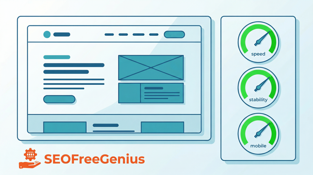 SEOFreeGenius website performance dashboard illustration showing webpage mockup with Core Web Vitals gauges for speed, stability and mobile optimization, concept of technical SEO and page speed tools