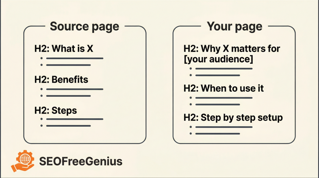 SEO article outline structure comparison diagram showing source page H2 headings like What is X, Benefits, Steps versus your page headings Why X matters for your audience, When to use it, Step by step setup, SEOFreeGenius branding