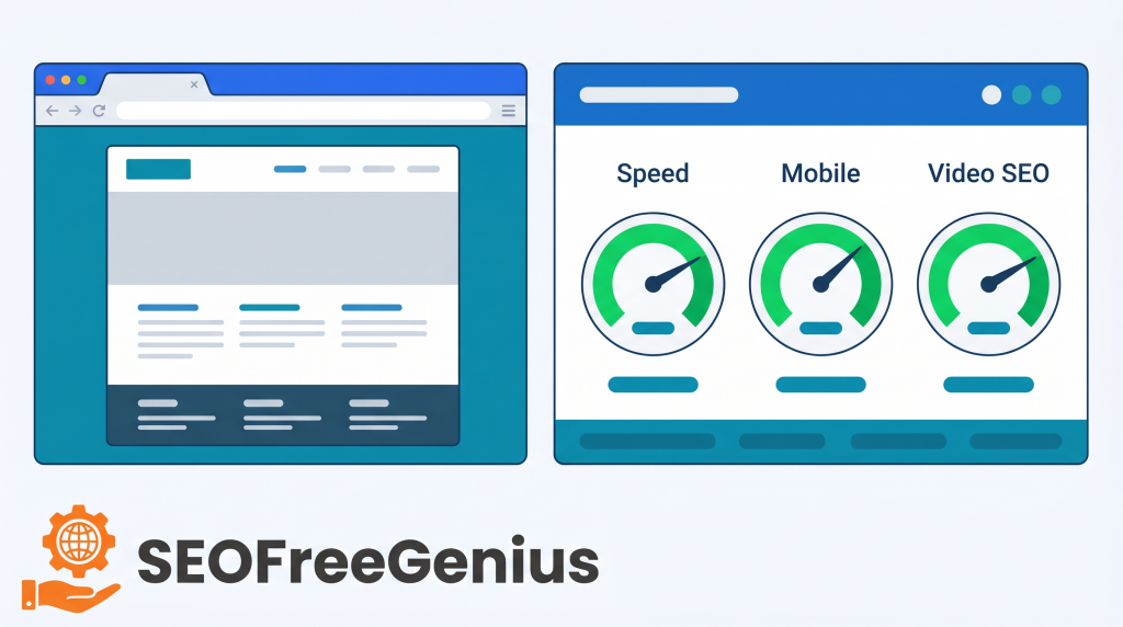 SEO dashboard illustration showing website preview next to performance gauges labeled speed, mobile and video SEO, representing technical SEO audit, page speed optimization and video SEO metrics for SEOFreeGenius