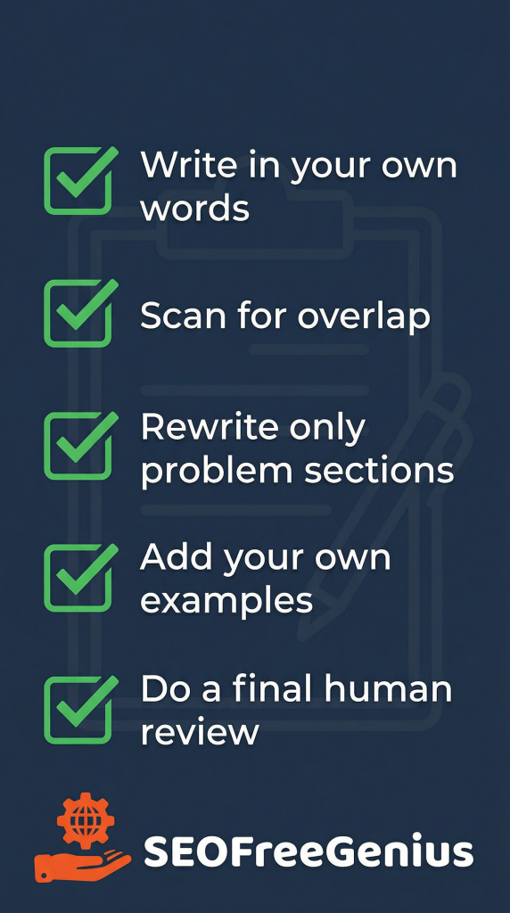 SEO rewriting 5 step checklist graphic showing write in your own words, scan for overlap, rewrite only problem sections, add your own examples, and do a final human review