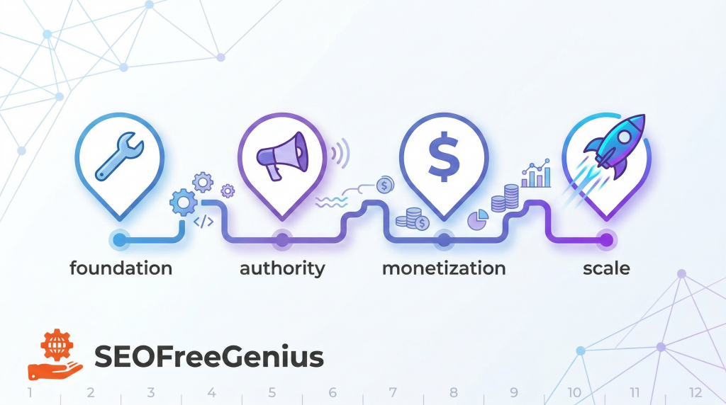 SEOFreeGenius 12‑month growth timeline illustration showing foundation, authority, monetization and scale stages for growing a free SEO tools website into a sustainable business