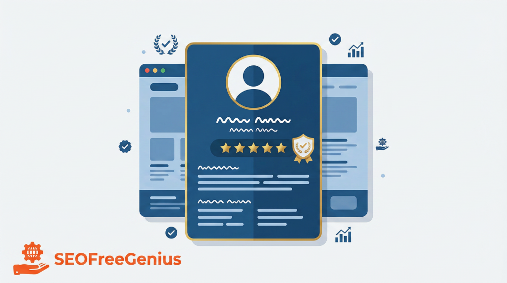 SEOFreeGenius author expertise profile card illustration showing verified writer bio, five-star rating and trust badges in front of website pages, concept of E-E-A-T, author authority and SEO credibility