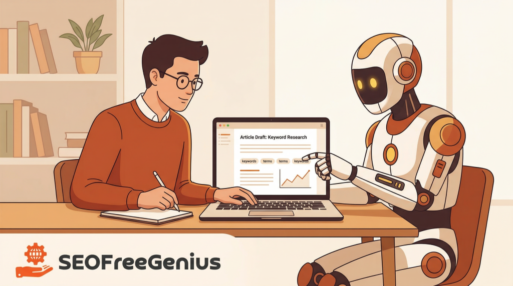 SeoFreeGenius human and AI cooperation illustration showing a digital marketer working with a friendly robot on keyword research and SEO content strategy at a laptop, representing AI assisted SEO tools, humanized AI content and Google search optimization.