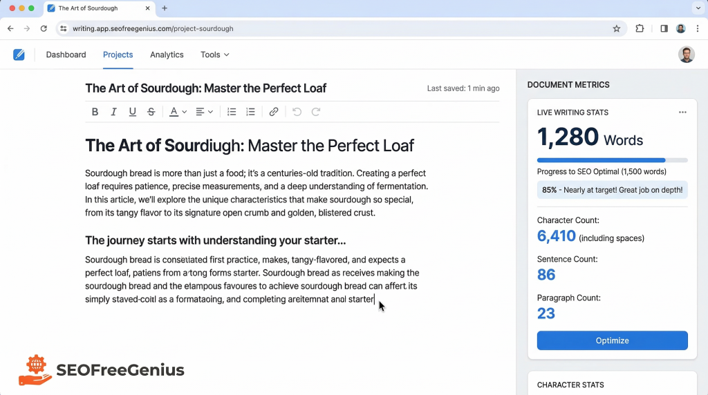 SEOFreeGenius writing app dashboard screenshot for "The Art of Sourdough: Master the Perfect Loaf" article showing 1,280 words progress to SEO optimal 1,500 words target (85% nearly at target great job on depth), character count 6,410 including spaces, sentence count 86, paragraph count 23. Live writing stats and optimization metrics for blog SEO workflow writing stage with word counter tool.
