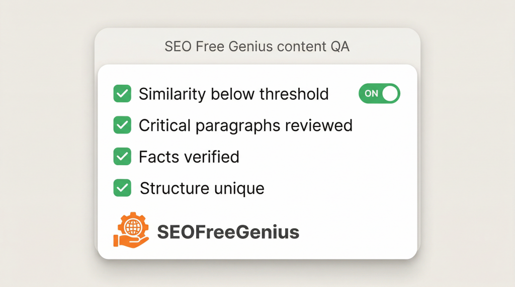 SEOFreeGenius content QA dashboard card showing checklist with green checks for similarity below threshold, critical paragraphs reviewed, facts verified, structure unique, SEO quality assurance graphic