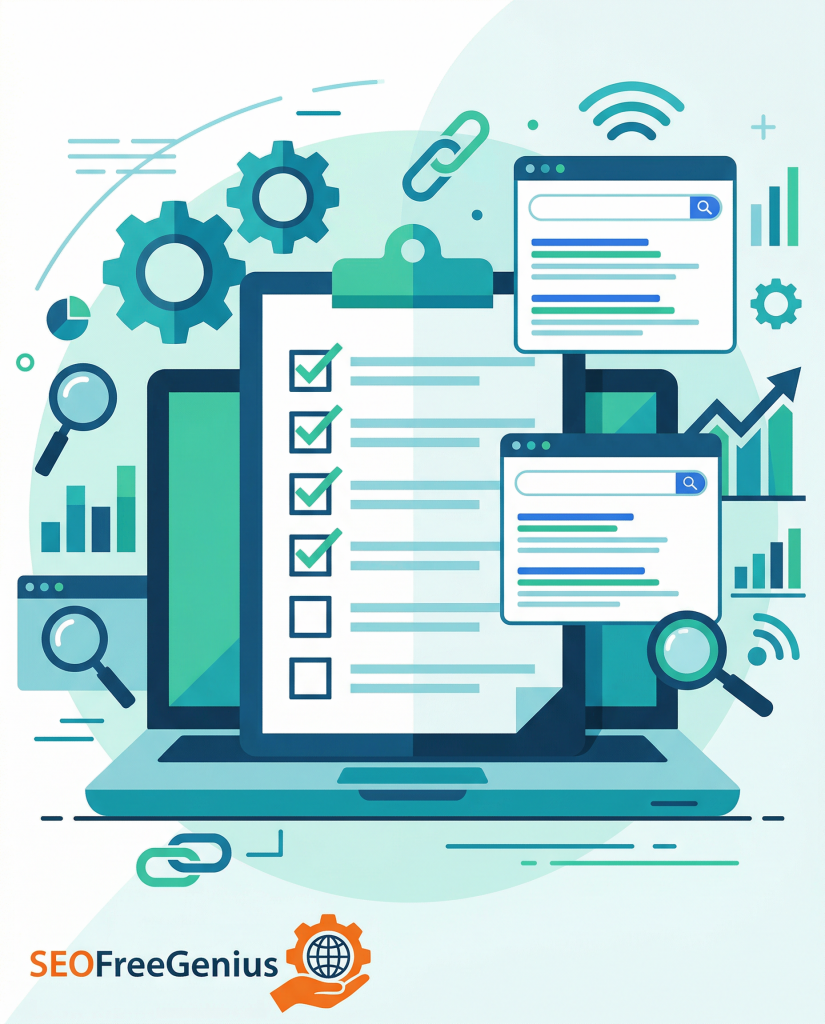 SeoFreeGenius SEO action plan vertical illustration showing a laptop with a checklist on a clipboard, search result windows, magnifying glass, gears and graphs, representing free SEO tools checklist, website optimization and SEO strategy planning.
