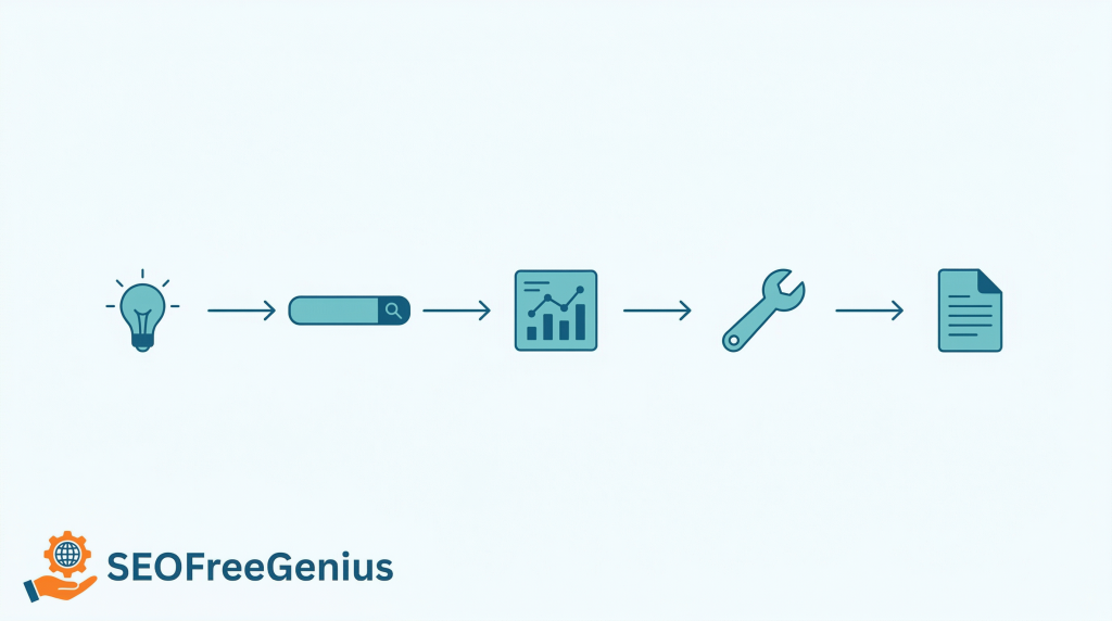 SEOFreeGenius keyword workflow flowchart showing icons for idea, search bar, analytics chart, SEO tools and finished content document in a linear process, representing free keyword research workflow and SEO content strategy.