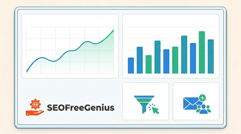 SEOFreeGenius business performance dashboard illustration with rising line chart, bar graph, conversion funnel and email list growth icons showing SEO tools website analytics and monetization results
