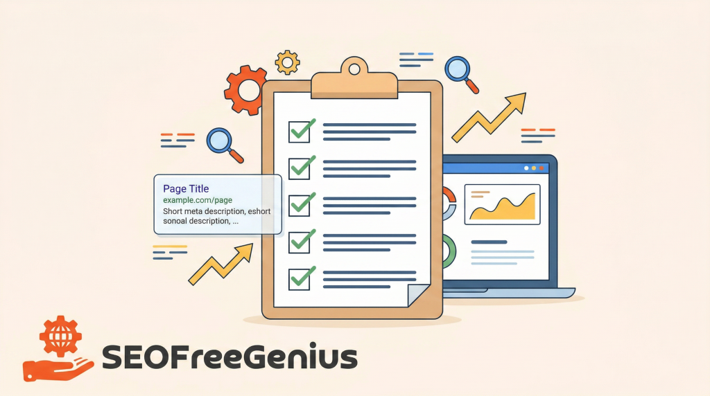 SEOFreeGenius SEO audit checklist illustration showing clipboard with website optimization checklist, search result snippet preview and laptop analytics dashboard, concept of on-page SEO audit and meta tags optimization