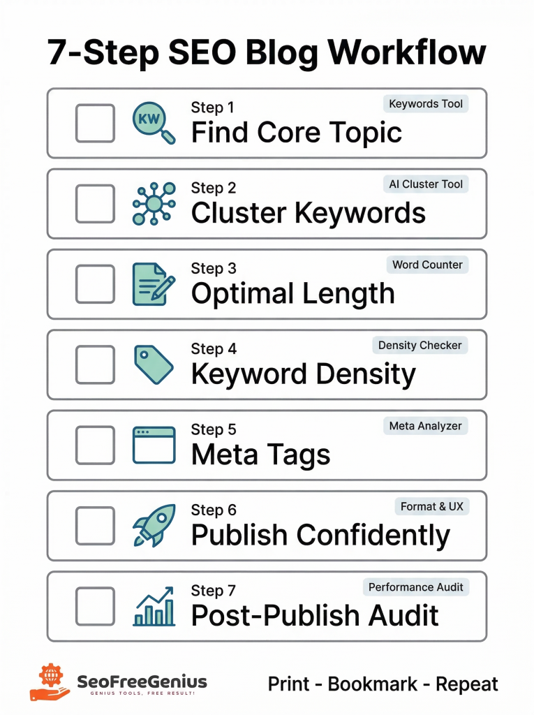 7-step SEO blog workflow printable checklist infographic from SEOFreeGenius showing Step 1 Find Core Topic Keywords Tool, Step 2 Keyword Clustering AI Cluster Tool, Step 3 Optimal Length Word Counter, Step 4 Keyword Density Density Checker, Step 5 Meta Tags Meta Analyzer, Step 6 Publish Confidently Format & UX, Step 7 Post-Publish Audit Performance Audit. Printable SEO blog checklist for content creation workflow with seofreegenius free SEO tools.